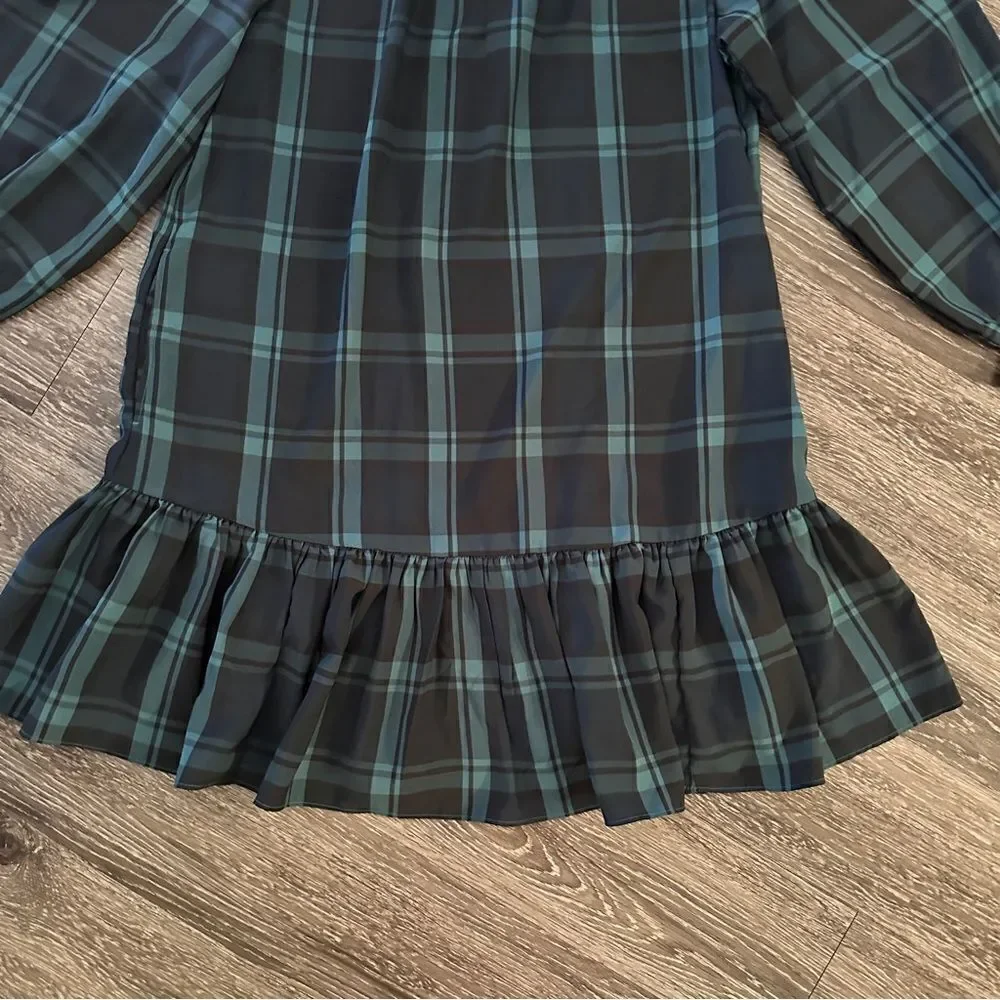 J. Crew Ruffle puff-sleeve dress in Black Watch tartan New